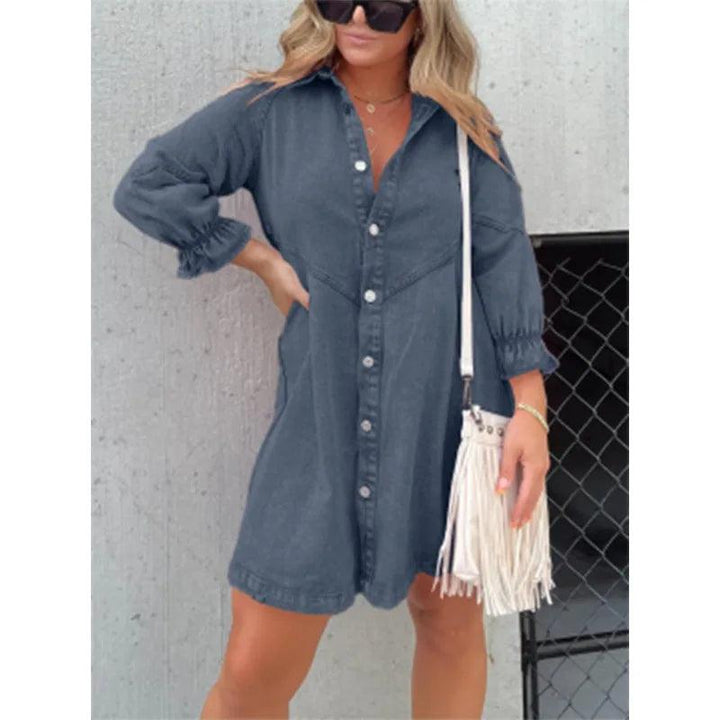 Midiross Shirt Dress Denim New Jeans Dresses Women Loose Casual Turn Down Collar 3/4 Lantern Sleeve-THAT FASHION STORE