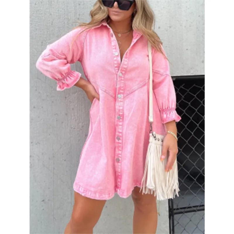 Midiross Shirt Dress Denim New Jeans Dresses Women Loose Casual Turn Down Collar 3/4 Lantern Sleeve-THAT FASHION STORE