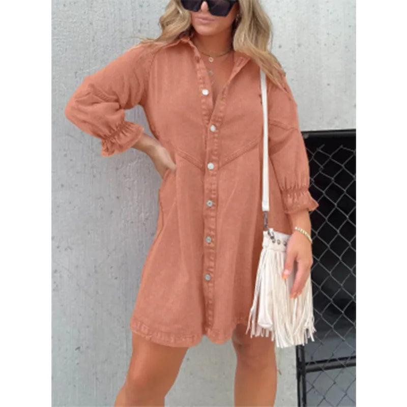 Midiross Shirt Dress Denim New Jeans Dresses Women Loose Casual Turn Down Collar 3/4 Lantern Sleeve-THAT FASHION STORE