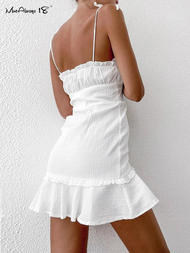 Mnealways18 Cotton White Spaghetti Strap Sexy Bodycon Dress Women Breasted Mini Sundress Summer Lace-Up Ladies Corset Dress 2024-THAT FASHION STORE