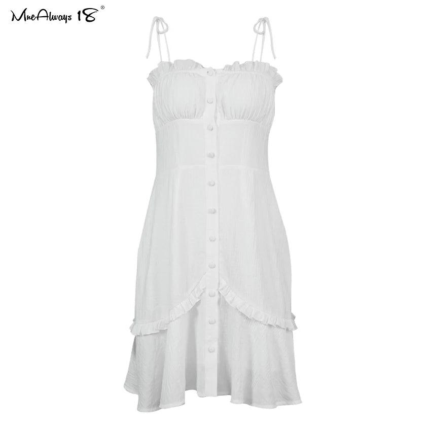 Mnealways18 Cotton White Spaghetti Strap Sexy Bodycon Dress Women Breasted Mini Sundress Summer Lace-Up Ladies Corset Dress 2024-THAT FASHION STORE