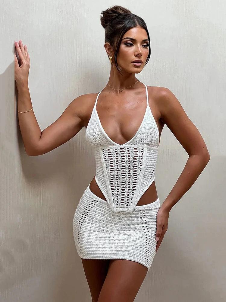 Mozision Knit Sexy Skirt Two Piece Sets For Women Backless Lace Up Sleeveless Crop Top And Mini Skirt Femme Club Party Skirt Set-THAT FASHION STORE