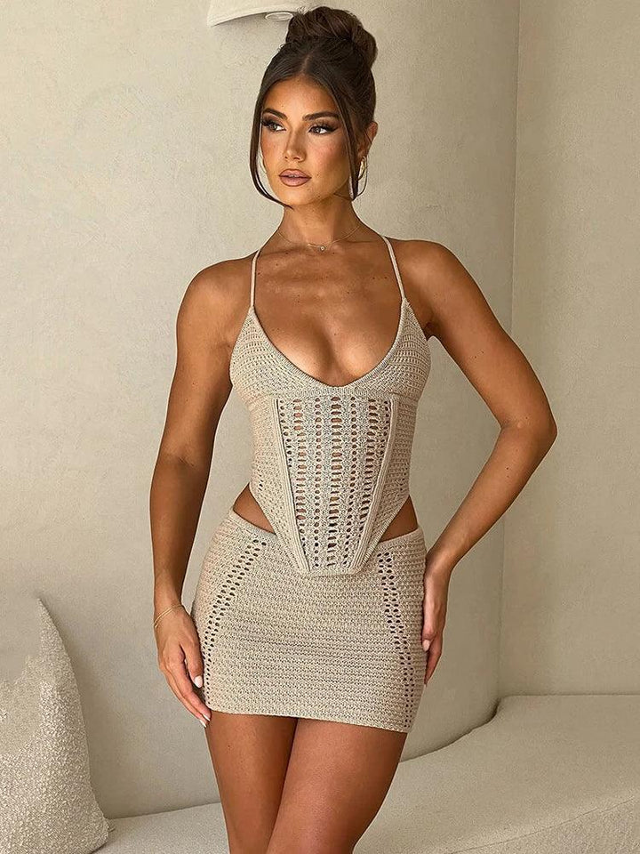 Mozision Knit Sexy Skirt Two Piece Sets For Women Backless Lace Up Sleeveless Crop Top And Mini Skirt Femme Club Party Skirt Set-THAT FASHION STORE