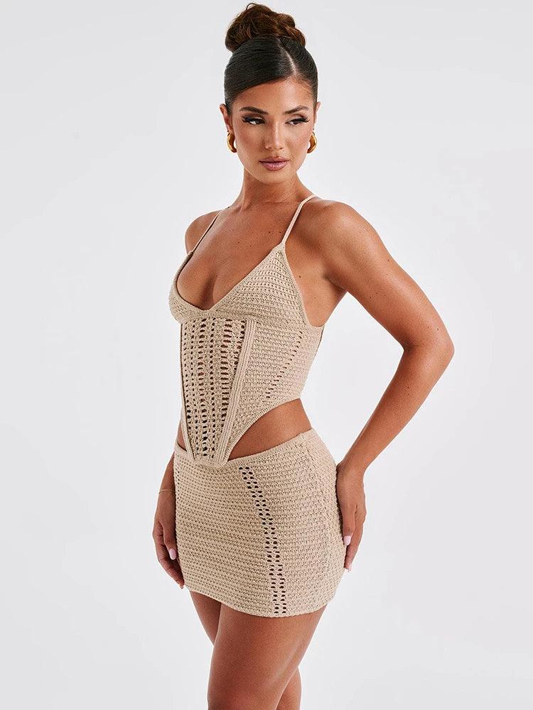 Mozision Knit Sexy Skirt Two Piece Sets For Women Backless Lace Up Sleeveless Crop Top And Mini Skirt Femme Club Party Skirt Set-THAT FASHION STORE