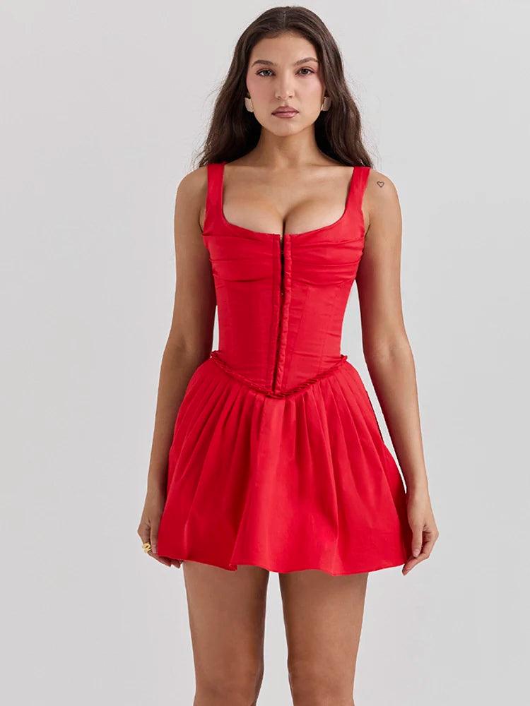 Mozision Red Sleeveless Mini Dress Women Square Collar Backless Corset Dress Femme Fashion A-line Club Party Sexy Dress Elegant-THAT FASHION STORE