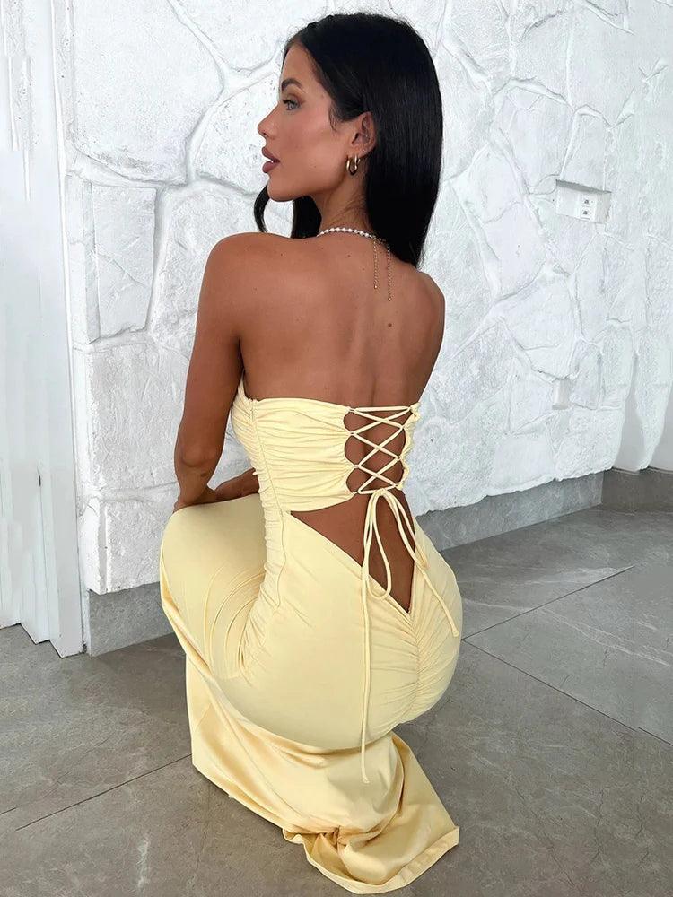 Mozision Strapless Backless Lace-up Maxi Dress For Women Summer New Off-shoulder Sleeveless Bodycon Club Party Long Dress-THAT FASHION STORE