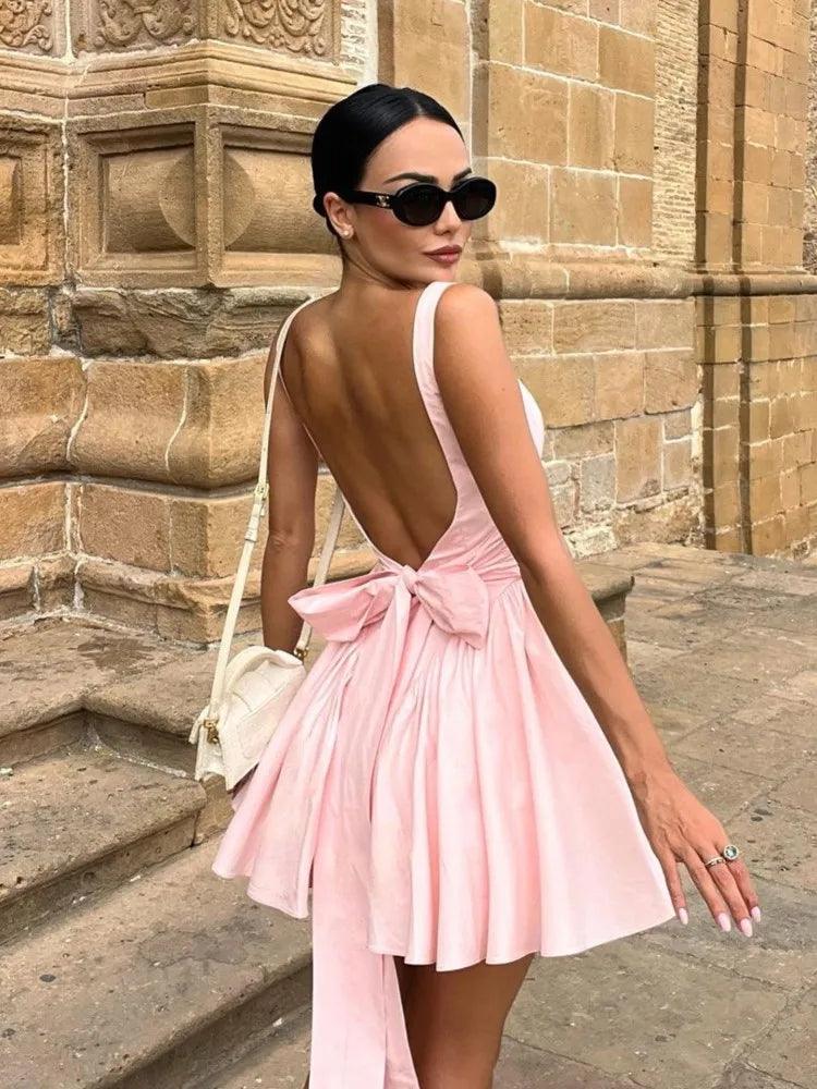 Neck Suspender Mini Dresses Summer Chic Female Party Vestidos Fashion Bow Backless Pleated Dress For Women Pink Solid Square-THAT FASHION STORE