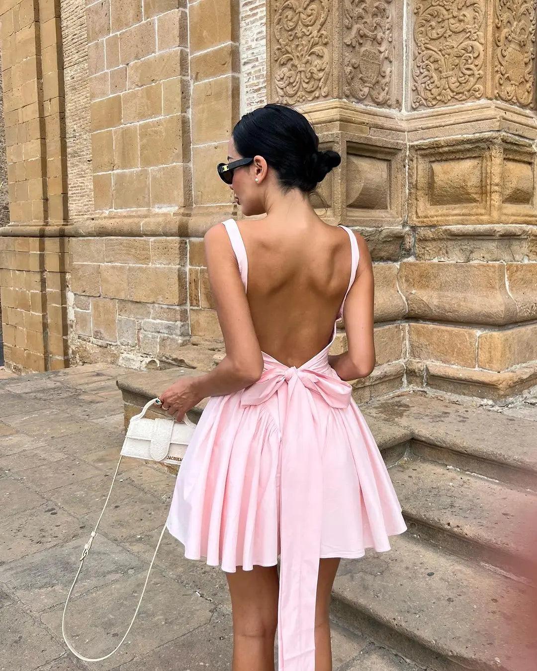 Neck Suspender Mini Dresses Summer Chic Female Party Vestidos Fashion Bow Backless Pleated Dress For Women Pink Solid Square-THAT FASHION STORE