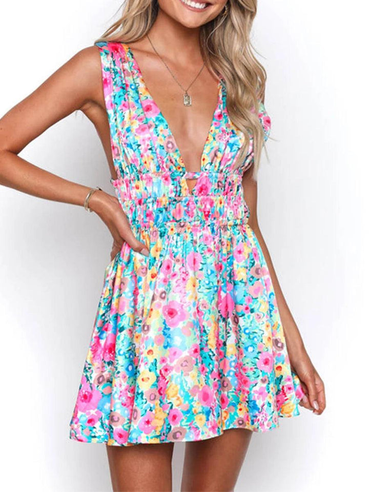 New Backless Sexy Women Mini Dress Sleeveless V Neck Backless Flower Print Summer Club Party Dress Sundress Streetwear S M L-THAT FASHION STORE