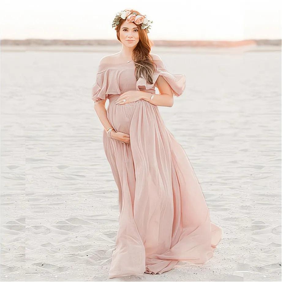 New Pink Ruffles Maternity Dresses For Photo Shoot Bohemian Chiffon Pregnant Women Photography Props Maxi Dress Premama Clothes-THAT FASHION STORE