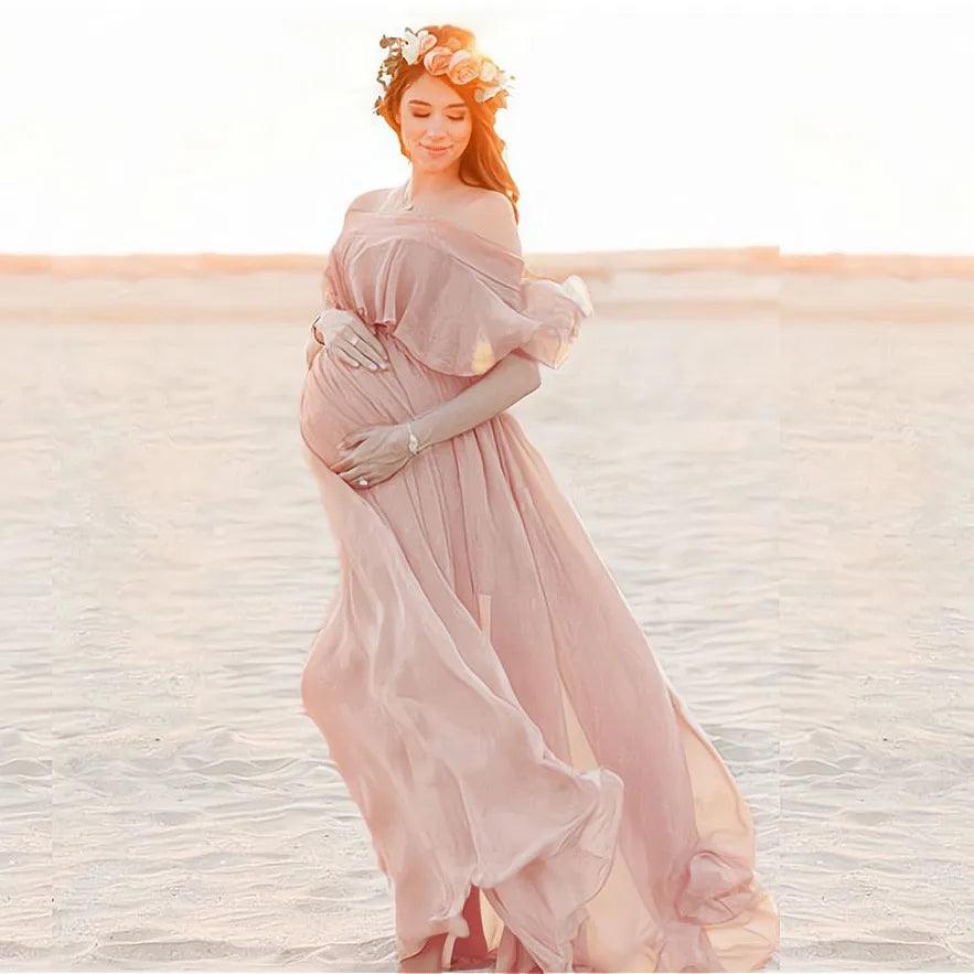 New Pink Ruffles Maternity Dresses For Photo Shoot Bohemian Chiffon Pregnant Women Photography Props Maxi Dress Premama Clothes-THAT FASHION STORE