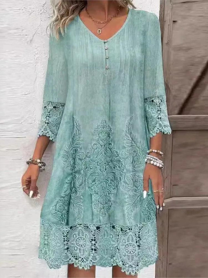 New Spring Summer Solid Color Lace Dress Women Fashion V-neck Button Office Loose Party Elegant Dresses Female Casual Robe Femme-THAT FASHION STORE