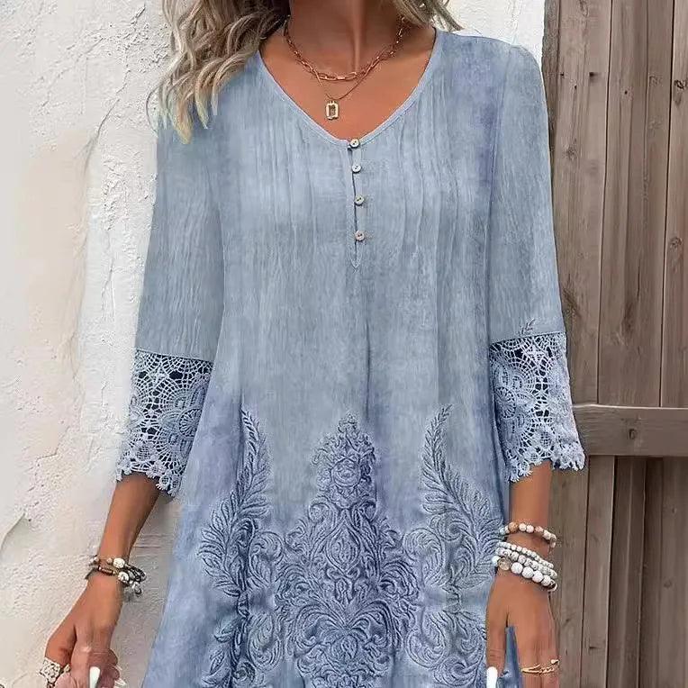 New Spring Summer Solid Color Lace Dress Women Fashion V-neck Button Office Loose Party Elegant Dresses Female Casual Robe Femme-THAT FASHION STORE