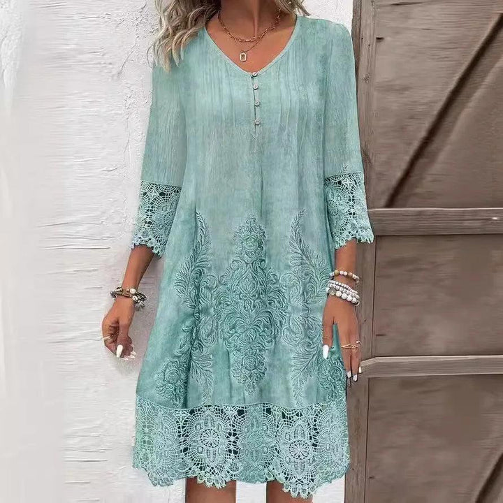 New Spring Summer Solid Color Lace Dress Women Fashion V-neck Button Office Loose Party Elegant Dresses Female Casual Robe Femme-THAT FASHION STORE