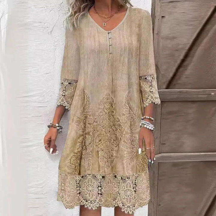 New Spring Summer Solid Color Lace Dress Women Fashion V-neck Button Office Loose Party Elegant Dresses Female Casual Robe Femme-THAT FASHION STORE