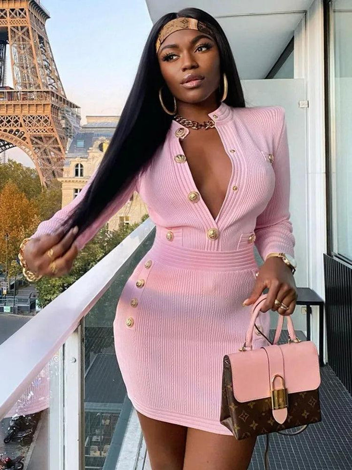 New Winter Style Sexy Long Sleeve Key Hole Button Pink Mini Women Bodycon Bandage Dress 2022 Elegant Evening Club Party Dress-THAT FASHION STORE