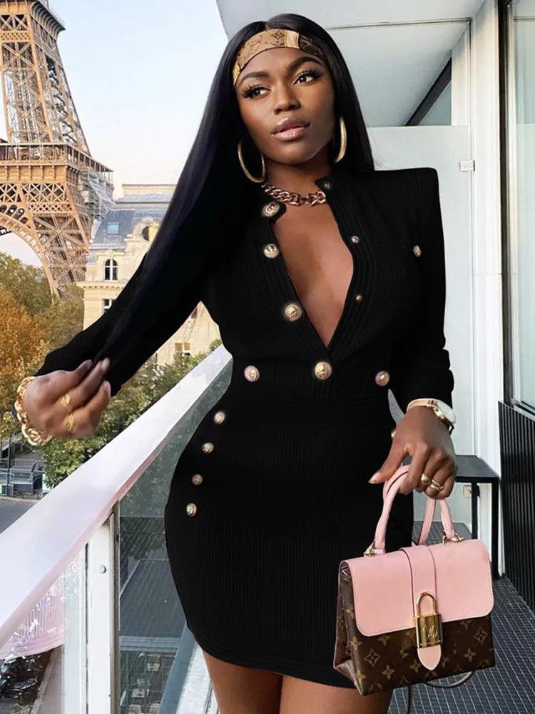 New Winter Style Sexy Long Sleeve Key Hole Button Pink Mini Women Bodycon Bandage Dress 2022 Elegant Evening Club Party Dress-THAT FASHION STORE