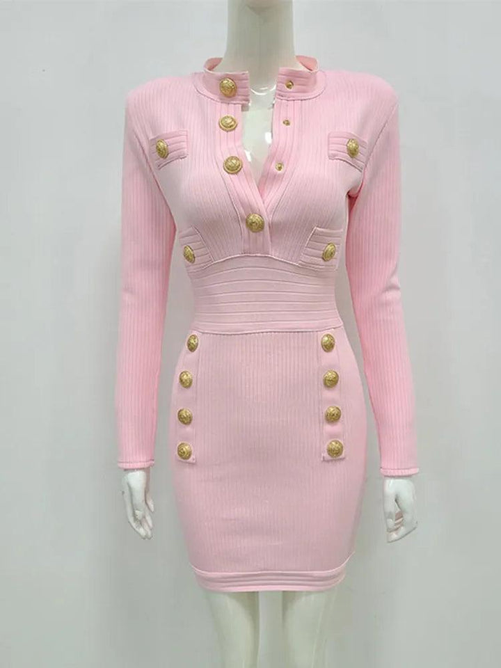 New Winter Style Sexy Long Sleeve Key Hole Button Pink Mini Women Bodycon Bandage Dress 2022 Elegant Evening Club Party Dress-THAT FASHION STORE