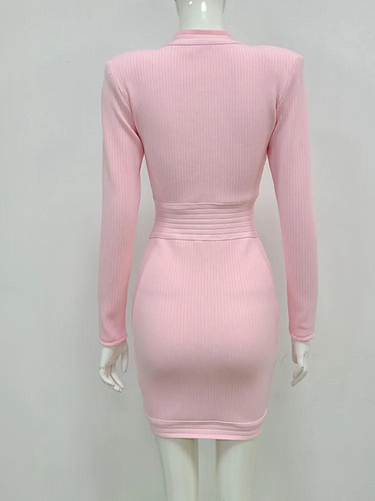 New Winter Style Sexy Long Sleeve Key Hole Button Pink Mini Women Bodycon Bandage Dress 2022 Elegant Evening Club Party Dress-THAT FASHION STORE