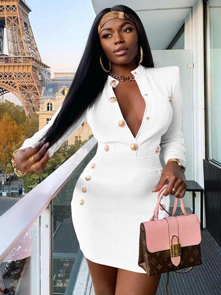 New Winter Style Sexy Long Sleeve Key Hole Button Pink Mini Women Bodycon Bandage Dress 2022 Elegant Evening Club Party Dress-THAT FASHION STORE