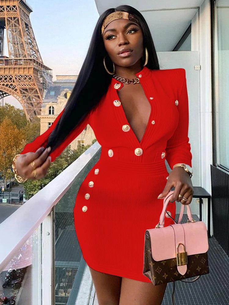 New Winter Style Sexy Long Sleeve Key Hole Button Pink Mini Women Bodycon Bandage Dress 2022 Elegant Evening Club Party Dress-THAT FASHION STORE