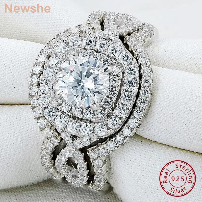 Newshe Original 925 Sterling Silver Wedding Rings Set for Women Halo Engagement Round CZ Diamond Luxury Jewelry Dating Ring-THAT FASHION STORE