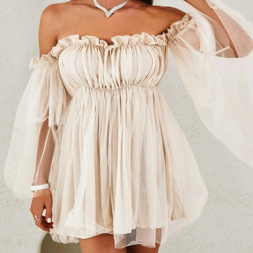 Off Shoulder Frill Trim Sheer Mesh Swing Dress Sexy Ruffle Loose Beach Dresses Slash Neck Mini Dress Elegant Mesh Party Vestido-THAT FASHION STORE