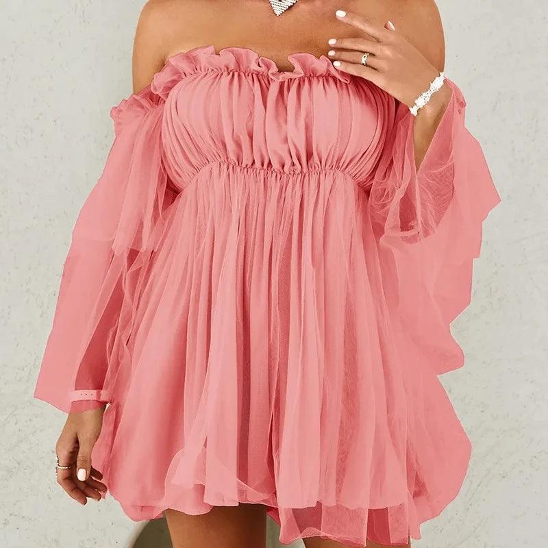 Off Shoulder Frill Trim Sheer Mesh Swing Dress Sexy Ruffle Loose Beach Dresses Slash Neck Mini Dress Elegant Mesh Party Vestido-THAT FASHION STORE