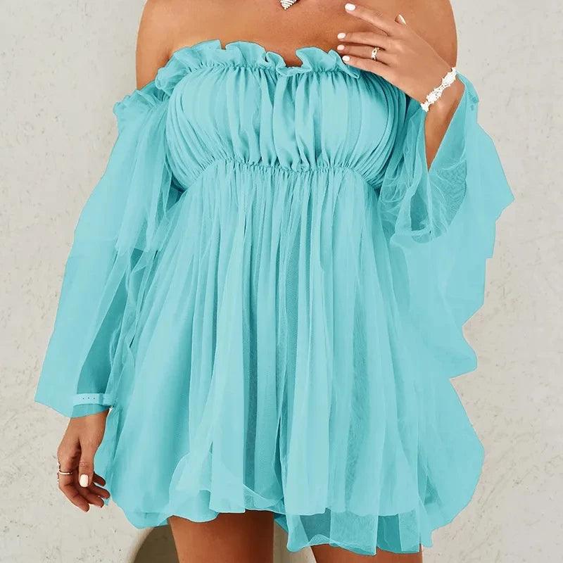 Off Shoulder Frill Trim Sheer Mesh Swing Dress Sexy Ruffle Loose Beach Dresses Slash Neck Mini Dress Elegant Mesh Party Vestido-THAT FASHION STORE