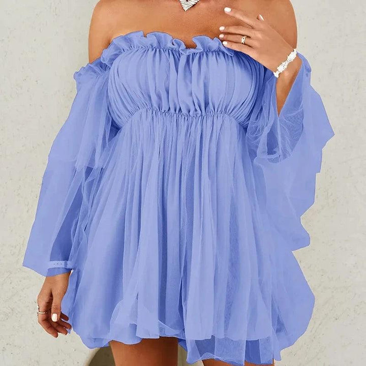 Off Shoulder Frill Trim Sheer Mesh Swing Dress Sexy Ruffle Loose Beach Dresses Slash Neck Mini Dress Elegant Mesh Party Vestido-THAT FASHION STORE