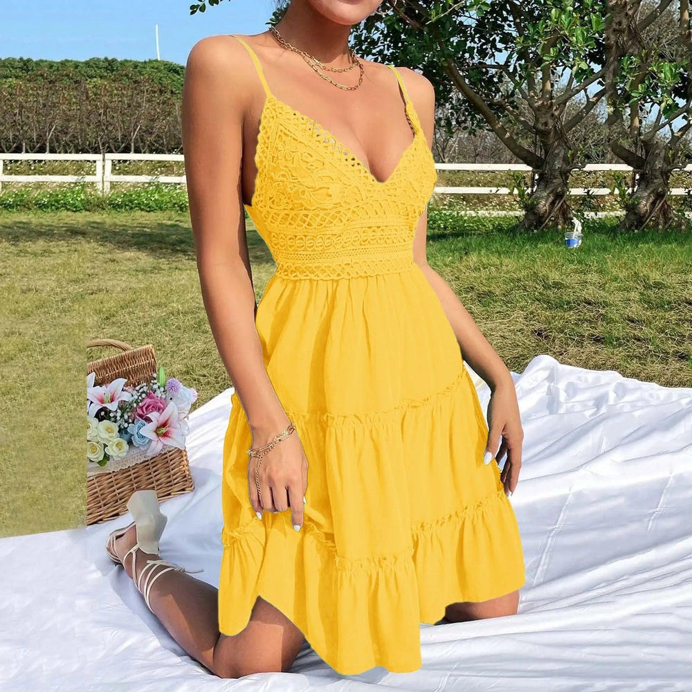 Off Shoulder Lace Stitching Sexy Mini Dress Women Summer V Neck Spaghetti Strap A-Line Dress Fashion Casual Beach Party Sundress-THAT FASHION STORE