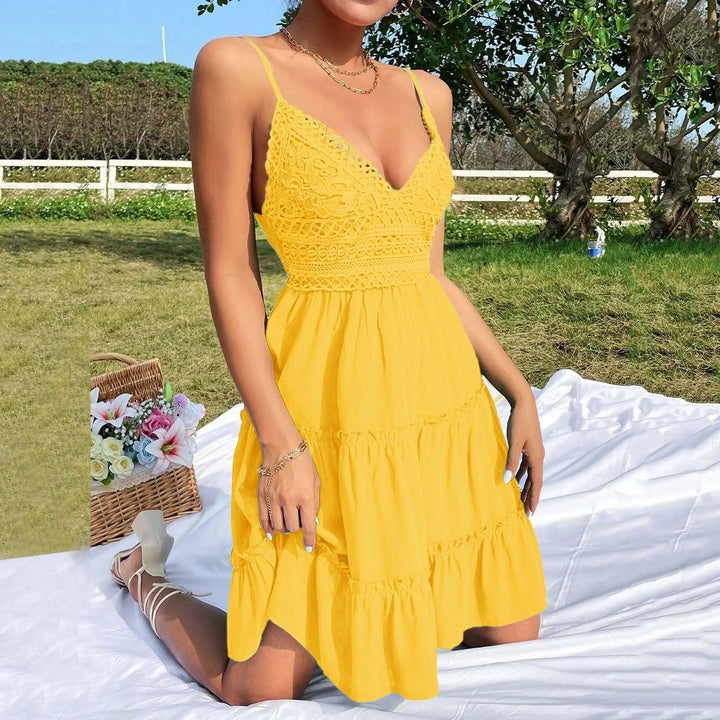 Off Shoulder Lace Stitching Sexy Mini Dress Women Summer V Neck Spaghetti Strap A-Line Dress Fashion Casual Beach Party Sundress-THAT FASHION STORE