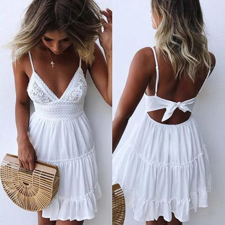 Off Shoulder Lace Stitching Sexy Mini Dress Women Summer V Neck Spaghetti Strap A-Line Dress Fashion Casual Beach Party Sundress-THAT FASHION STORE