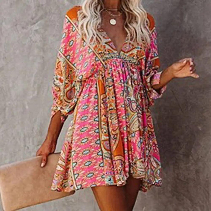 Popular Deep V Neck Mini Dress All Match Pleated Hem Women 3/4 Sleeve Print A-Line Tunic Dress Streetwear for Daily Wear-THAT FASHION STORE