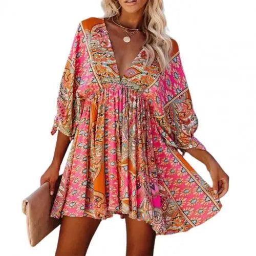 Popular Deep V Neck Mini Dress All Match Pleated Hem Women 3/4 Sleeve Print A-Line Tunic Dress Streetwear for Daily Wear-THAT FASHION STORE