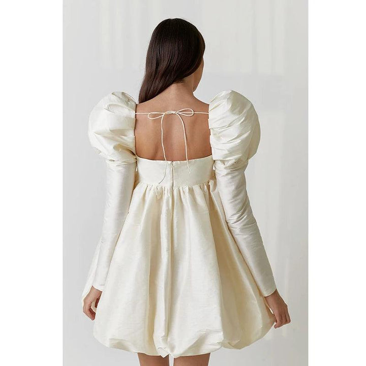 Puff Sleeve Satin Lace Up Mini Princess Dress Small Long Sleeve Draped Square Neck Palace Style Dress Women Classy Temperament-THAT FASHION STORE