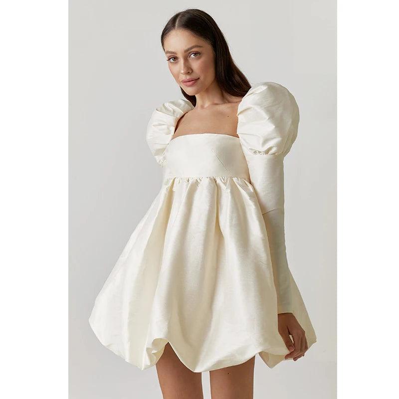 Puff Sleeve Satin Lace Up Mini Princess Dress Small Long Sleeve Draped Square Neck Palace Style Dress Women Classy Temperament-THAT FASHION STORE