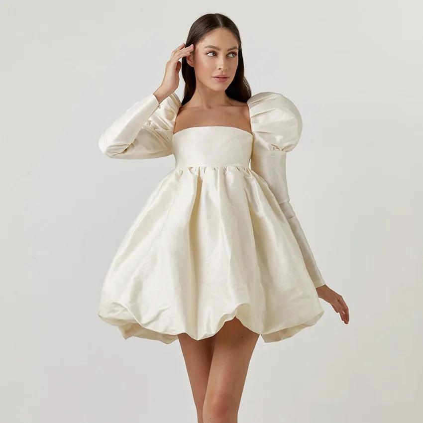 Puff Sleeve Satin Lace Up Mini Princess Dress Small Long Sleeve Draped Square Neck Palace Style Dress Women Classy Temperament-THAT FASHION STORE