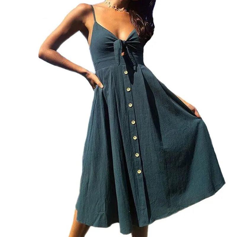 Red Spaghetti Strap Buttons Casual Dress Bow Backless Midi Vestidos Sexy Summer Women Dress 2020Sundress Female Vintage Dresses-THAT FASHION STORE