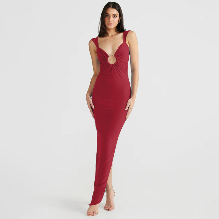 Elegant Backless V-neck Slit Maxi Dress - THAT FASHION STORE