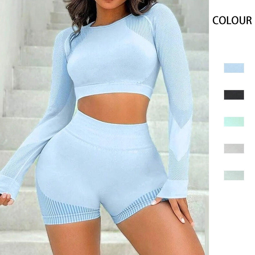 Seamless Knitted Sports Long Sleeve Shorts Yoga Clothes Suit Women-THAT FASHION STORE