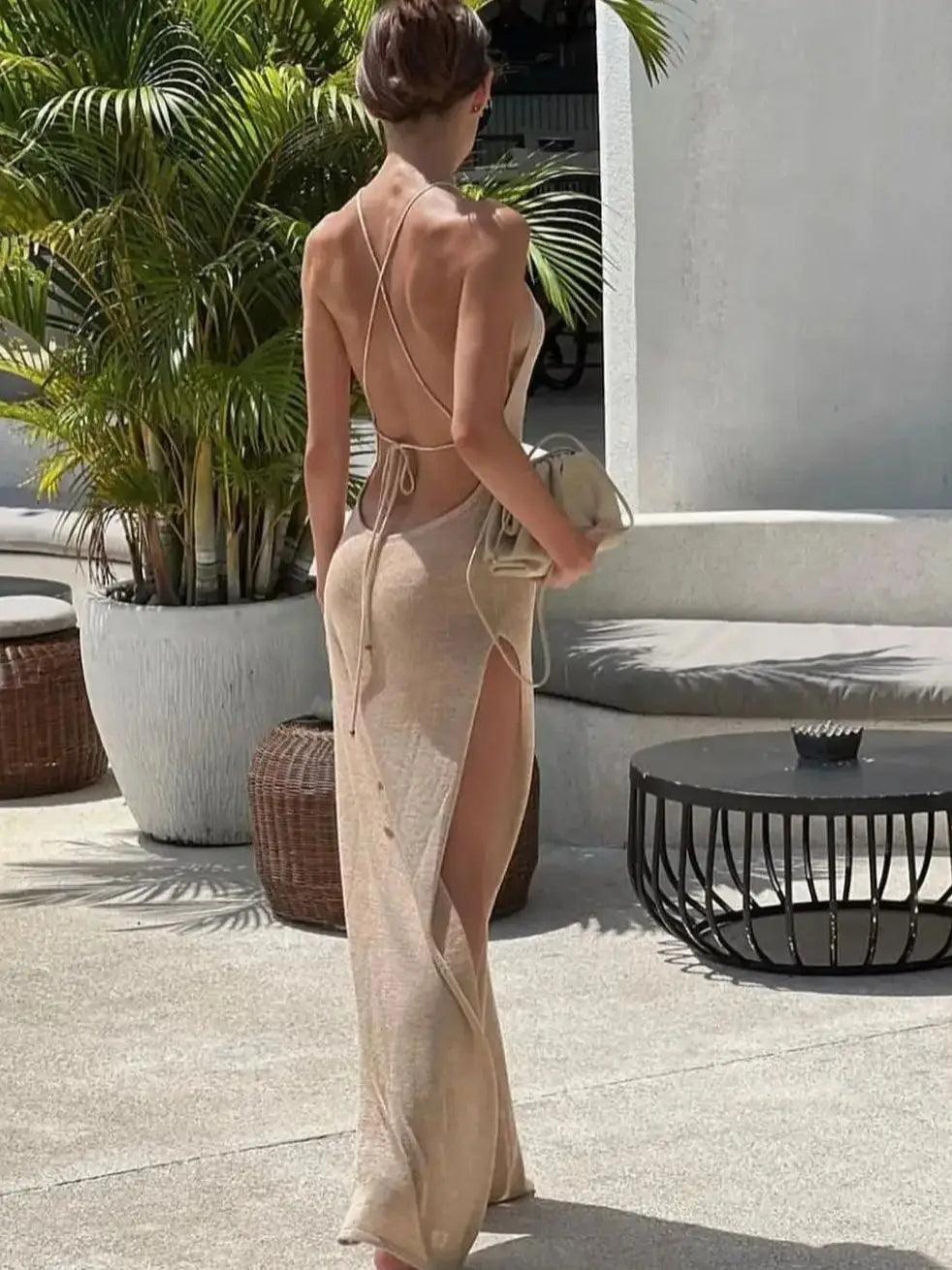 Sexy Beach See Through Maxi Slit Bodycon Summer Dress Women Holiday Bikinis Cover-ups Elegant Halter Long Dress Beachdress dress-THAT FASHION STORE