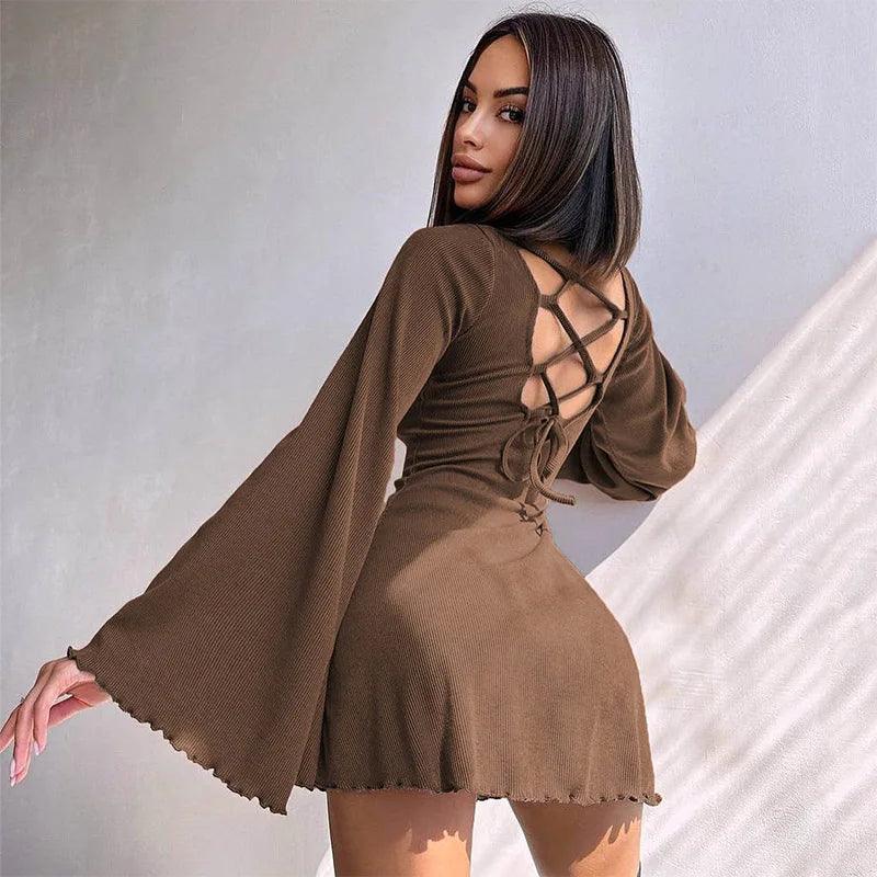 Sexy Dresses Nightclub Mini Short Party Dress Women Back Bandage O Neck A Line Flare Sleeves Autumn Vestidos Ladies Fall Robe-THAT FASHION STORE