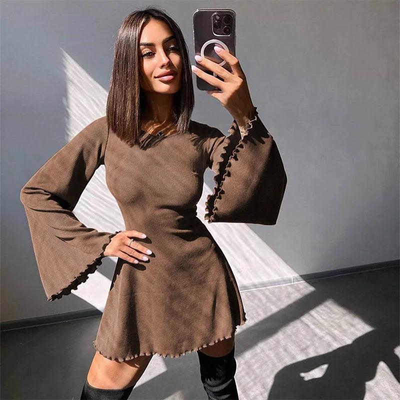 Sexy Dresses Nightclub Mini Short Party Dress Women Back Bandage O Neck A Line Flare Sleeves Autumn Vestidos Ladies Fall Robe-THAT FASHION STORE