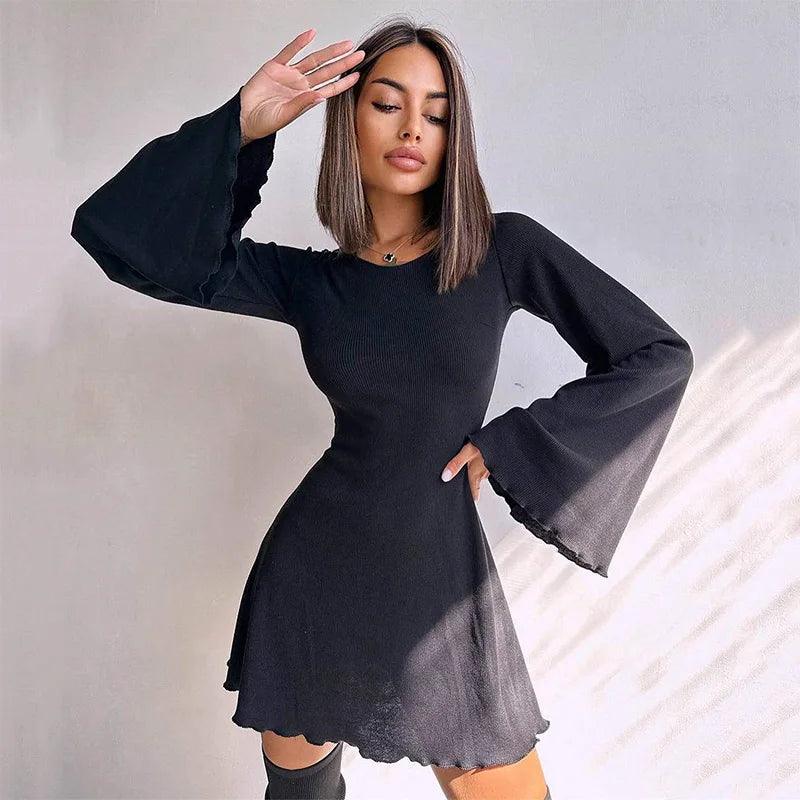 Sexy Dresses Nightclub Mini Short Party Dress Women Back Bandage O Neck A Line Flare Sleeves Autumn Vestidos Ladies Fall Robe-THAT FASHION STORE