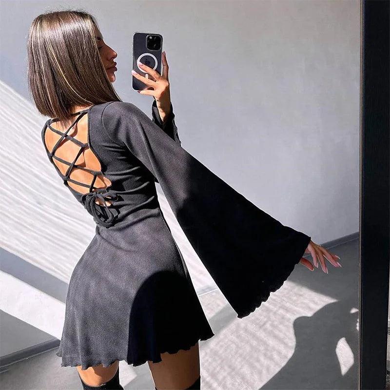 Sexy Dresses Nightclub Mini Short Party Dress Women Back Bandage O Neck A Line Flare Sleeves Autumn Vestidos Ladies Fall Robe-THAT FASHION STORE