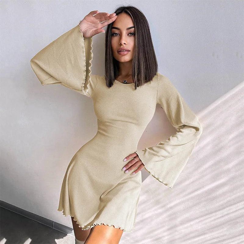 Sexy Dresses Nightclub Mini Short Party Dress Women Back Bandage O Neck A Line Flare Sleeves Autumn Vestidos Ladies Fall Robe-THAT FASHION STORE