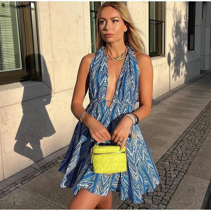 Sexy Halter Neck Beach Dresses For Women Printed Deep V-neck Backless Mini A-line Dress Chic Party Vacation Casual Lady Vestidos-THAT FASHION STORE