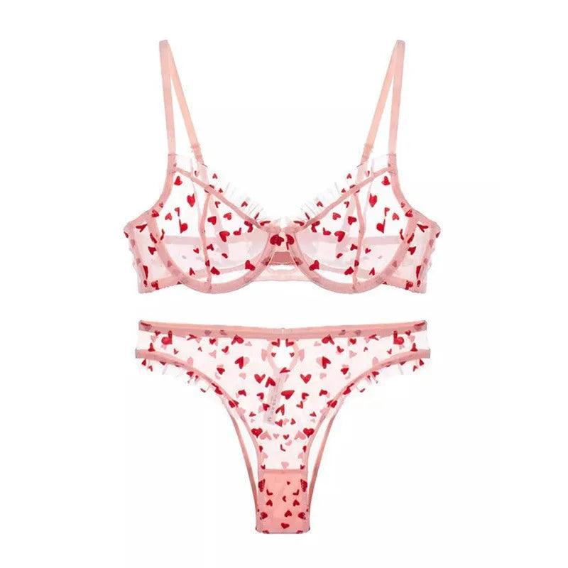 Sexy Lace Ultra-thin Lingerie Set Women's Perspective Heart-shaped Print Bra Top Female Soft Bra Set Transparent Bra Briefs Set-THAT FASHION STORE