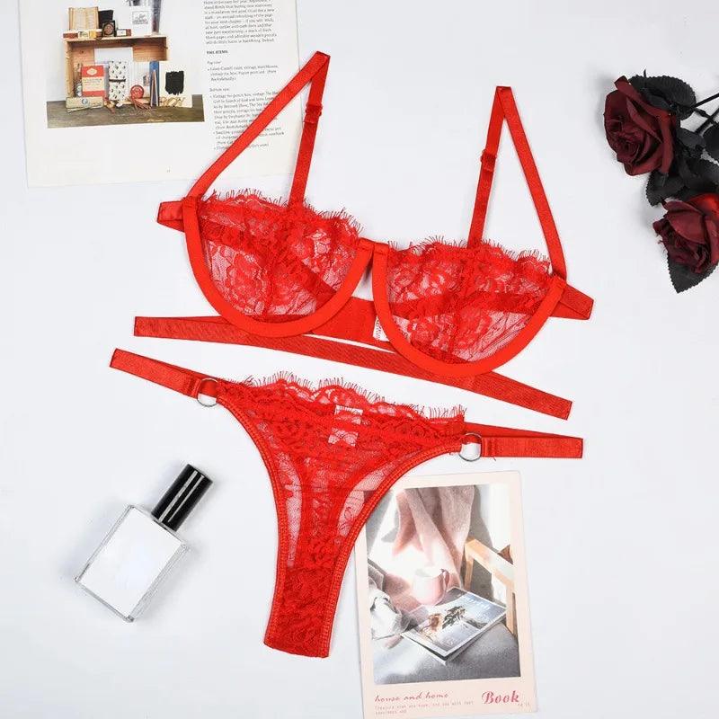 Sexy Lingerie Woman Lace Transparent Underwear Fairy Embroidery Brief Sets Delicate Bra Kit Push Up Breves Sets Thin Erotic Bras-THAT FASHION STORE